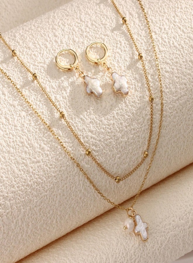 Yewkit Nature Freshwater Pearl Cross Necklace Earring for Women, Gold Baroque Pearl Cross Dainty Layered Necklaces Jewelry Set Gift(gold) ﻿ - Image 4