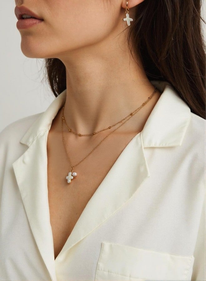 Yewkit Nature Freshwater Pearl Cross Necklace Earring for Women, Gold Baroque Pearl Cross Dainty Layered Necklaces Jewelry Set Gift(gold) ﻿ - Image 3