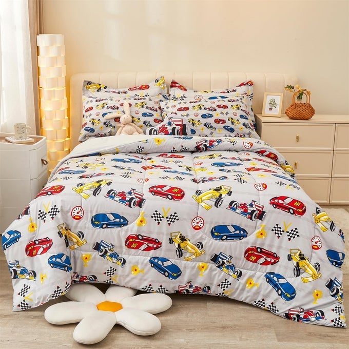 FULL SIZE COMFORTER SETS FOR BOYS KIDS 8 PIECES BED IN A BAG RACING CAR BEDDING COMFORTER SHEET SET WITH SHAMS AND DECORATIVE TOY PILLOW ULTRAL SOFT MICROFIBER KIDS BED SET