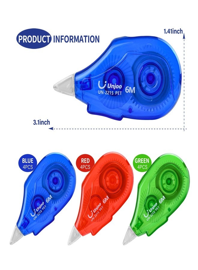 Unjoo Whiteout Correction Tape, Easy To Use Applicator for Instant Corrections Correct Wrong Writing At Any Time, For school, Office (6M/256" x 0.2",3 colors, 12pack) - Image 2