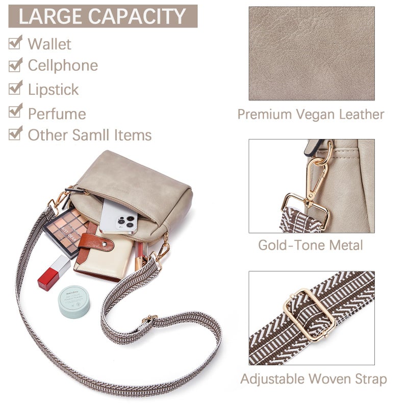 BOSTANTEN Small Crossbody Purse for Women Triple Zip Cell Phone Leather Shoulder Handbag with Wide Guitar Strap Grey - Image 4