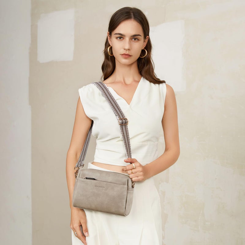 BOSTANTEN Small Crossbody Purse for Women Triple Zip Cell Phone Leather Shoulder Handbag with Wide Guitar Strap Grey - Image 2