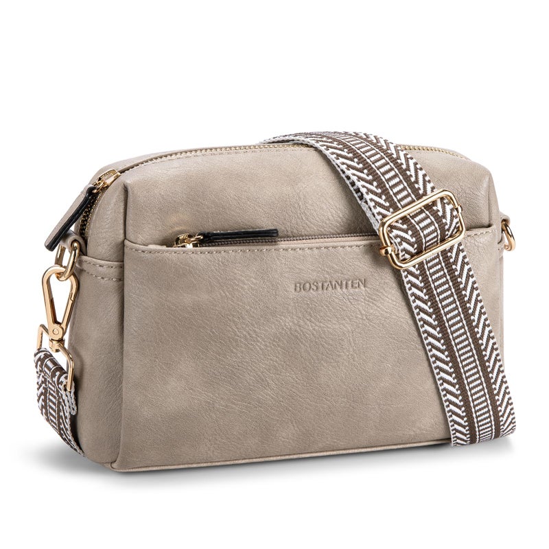 BOSTANTEN Small Crossbody Purse for Women Triple Zip Cell Phone Leather Shoulder Handbag with Wide Guitar Strap Grey - Image 1