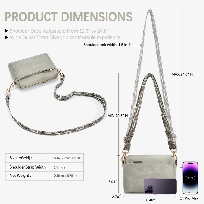 BOSTANTEN Small Crossbody Purse for Women Triple Zip Cell Phone Leather Shoulder Handbag with Wide Guitar Strap Grey - Image 3