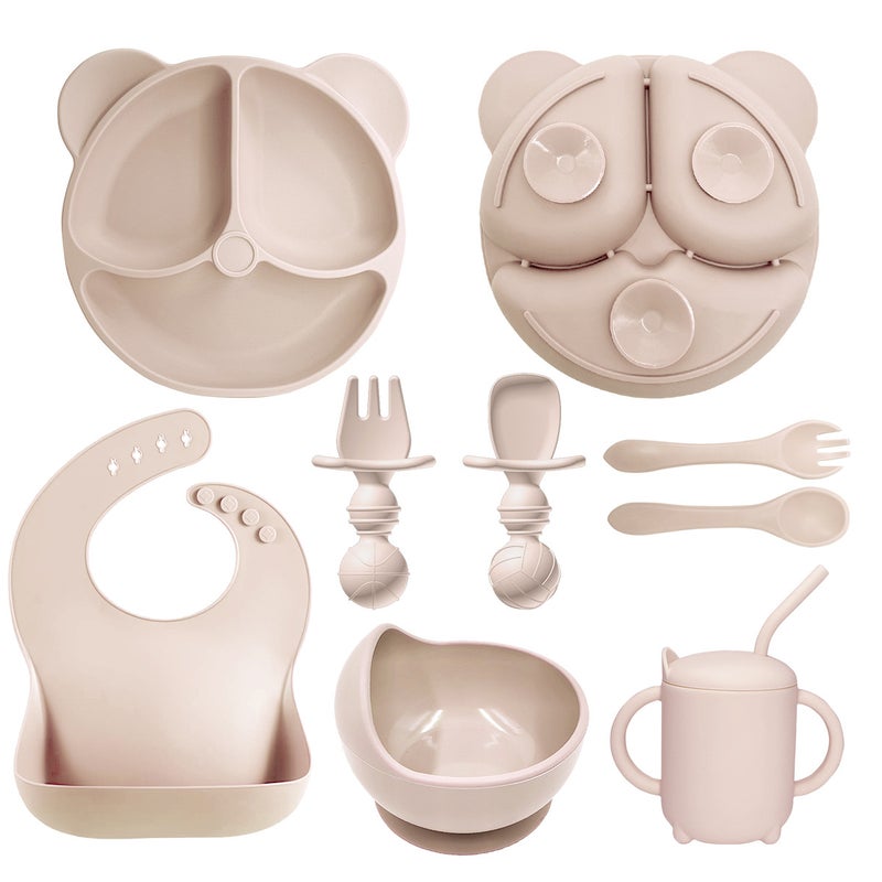 Silicone Baby Dining Set Soft Bib Bowl Spoon Beige -8 PCs bear plate + snail bowl + straw cup + Bib + silicone long fork spoon + spherical short fork spoon