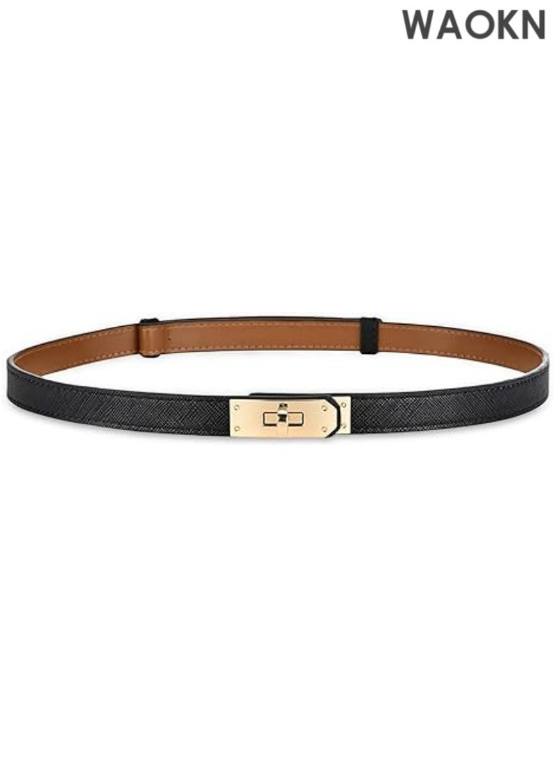 WAOKN Elegant slim leather belt features a modern gold-tone turn-lock buckle that can be easily adjusted with one hand for the perfect fit. Women's Thin Leather Belt with Adjustable Gold-tone Turn-lock Buckle - Perfect for Dresses, Jeans and Jackets, Black - Image 1