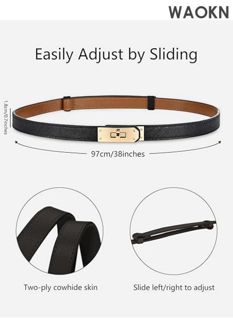 WAOKN Elegant slim leather belt features a modern gold-tone turn-lock buckle that can be easily adjusted with one hand for the perfect fit. Women's Thin Leather Belt with Adjustable Gold-tone Turn-lock Buckle - Perfect for Dresses, Jeans and Jackets, Black - Image 2