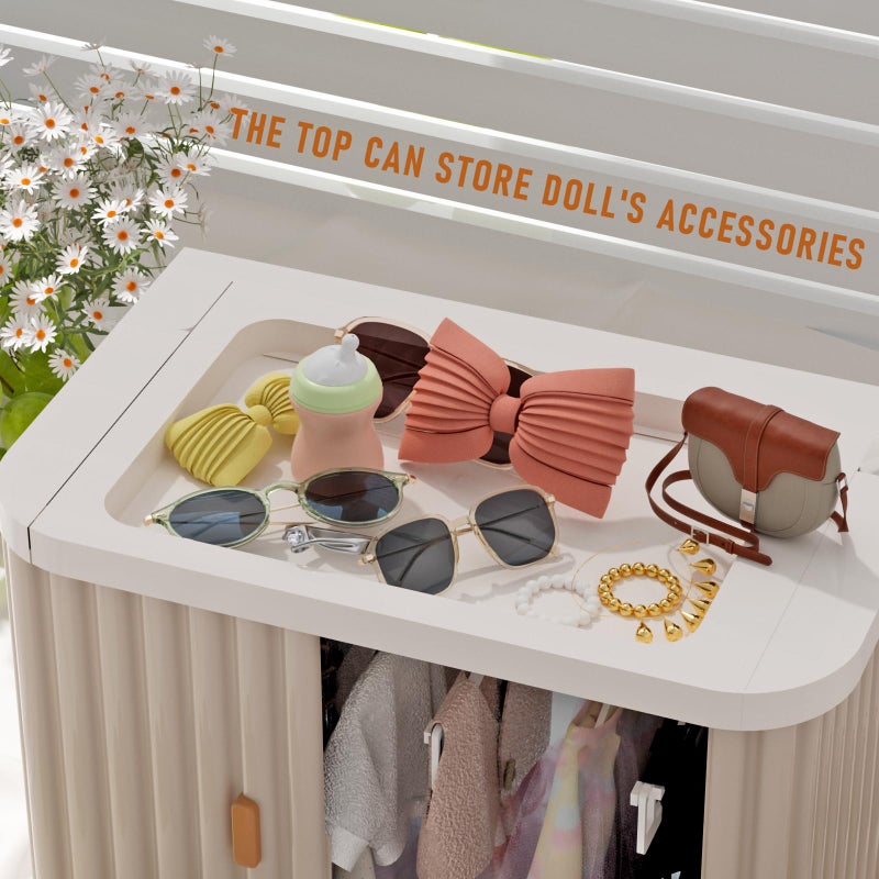 Creproly Doll Wardrobe Storage Box, Foldable Doll Closet with 10 Hangers and Rod for 15/17cm Doll Clothes Stackable Organizer Cabinet with Dust-Resistant Cover and Display Shelf (Pearl Grey) - Image 4