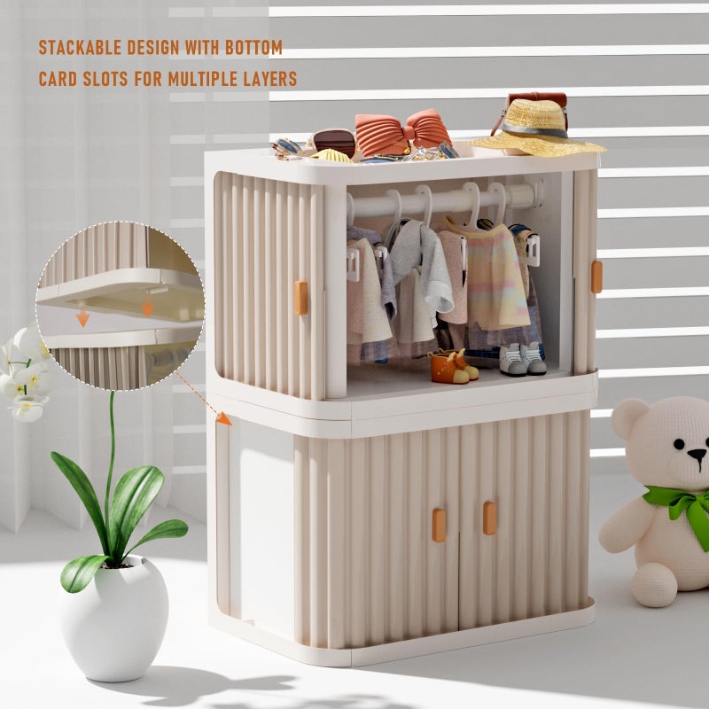 Creproly Doll Wardrobe Storage Box, Foldable Doll Closet with 10 Hangers and Rod for 15/17cm Doll Clothes Stackable Organizer Cabinet with Dust-Resistant Cover and Display Shelf (Pearl Grey) - Image 5