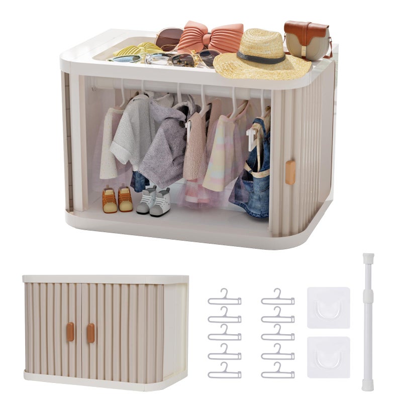 Creproly Doll Wardrobe Storage Box, Foldable Doll Closet with 10 Hangers and Rod for 15/17cm Doll Clothes Stackable Organizer Cabinet with Dust-Resistant Cover and Display Shelf (Pearl Grey) - Image 1