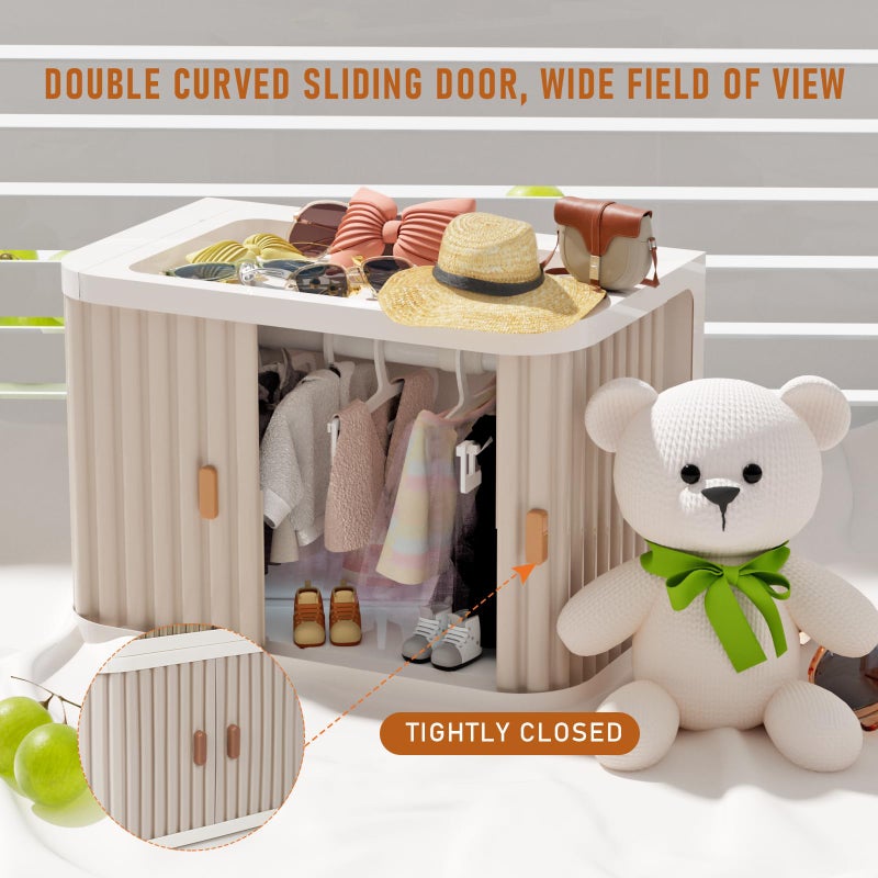 Creproly Doll Wardrobe Storage Box, Foldable Doll Closet with 10 Hangers and Rod for 15/17cm Doll Clothes Stackable Organizer Cabinet with Dust-Resistant Cover and Display Shelf (Pearl Grey) - Image 3