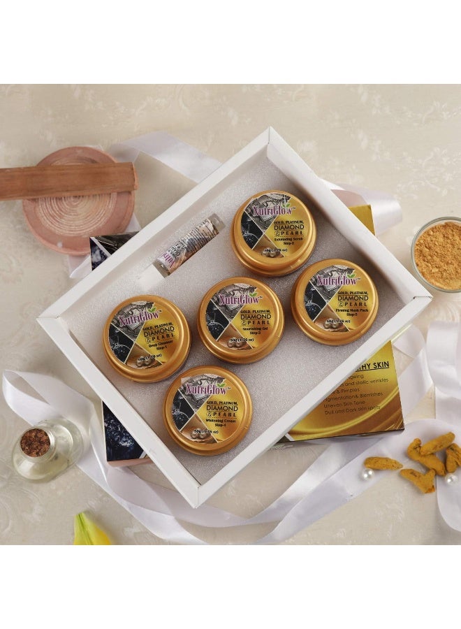 NUTRIGLOW طقم العناية بالبشرة نوتري جلو بلاتينيوم الماس والذهب واللؤلؤ 6 قطع للنساء، 250 جرام + 10 مل - Image 2