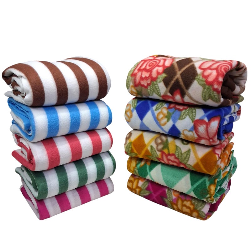MAMRAJ Stylish Polar Fleece Single Bed Super Soft Micro Fleece Blanket - 58x88 Inch || Skin Friendly || Multicolour || Set of 10 || (5 Print + 5 Stripes) - Image 1