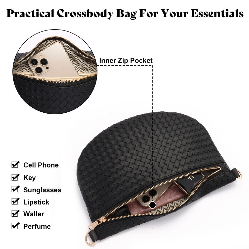 Dealkion Woven Crossbody Bags for Women Leather Belt Bum Sling Purse Fanny Waist Pack Chest Shoulder Bag for Women-Black - Image 4