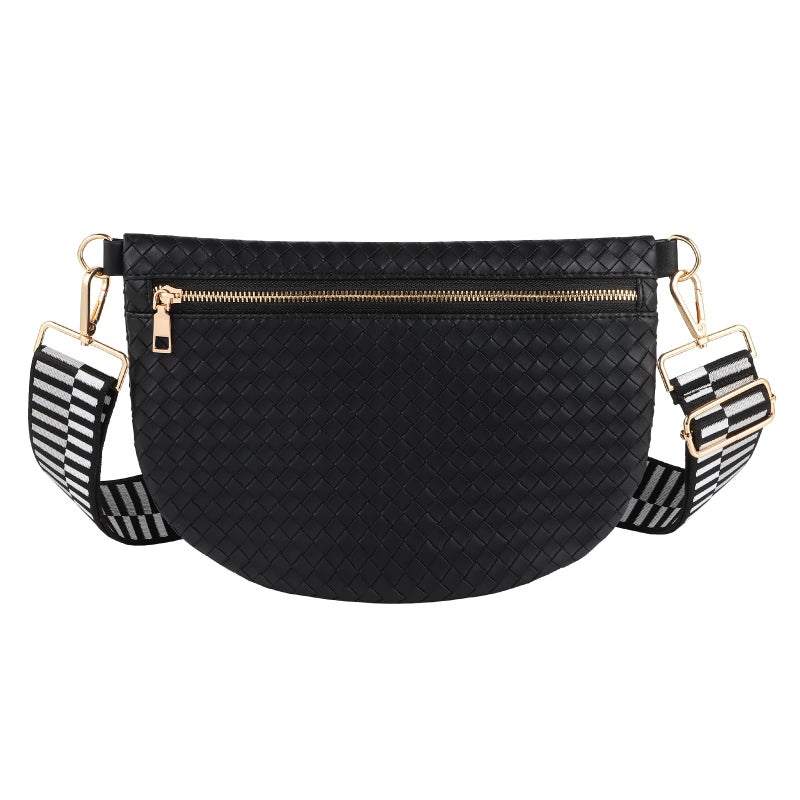 Dealkion Woven Crossbody Bags for Women Leather Belt Bum Sling Purse Fanny Waist Pack Chest Shoulder Bag for Women-Black - Image 1