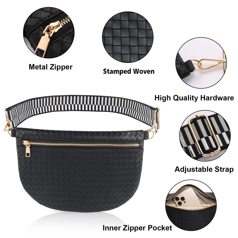 Dealkion Woven Crossbody Bags for Women Leather Belt Bum Sling Purse Fanny Waist Pack Chest Shoulder Bag for Women-Black - Image 3