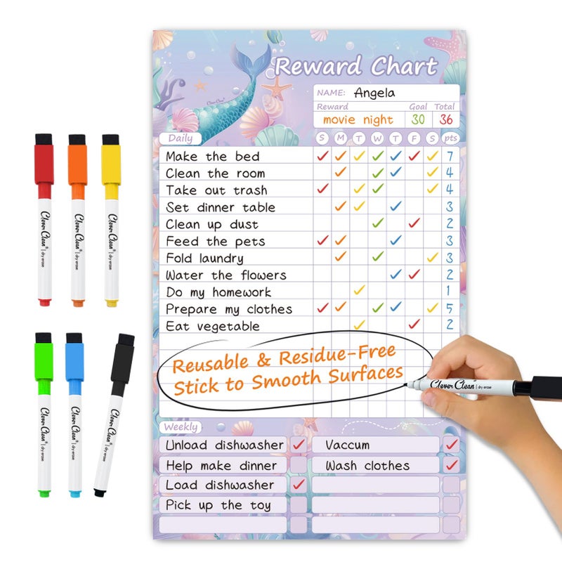 Clever Clean Dry Erase Chore Chart for Kids, Reusable Reward Chart, Non-Magnetic Kids Chore Board Clings to Any Smooth Surfaces, 6 Dry Erase Markers Included (Mermaid) - Image 1