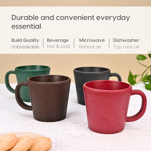 Eha Earth-Friendly Majestic Coffee Mug Set of 4 |375 ml|Made with Rice Husk & Bamboo Fibers|Microwave Safe|Hot & Cold Coffee Cup, Milk & Tea Cup |Matte Finish Mugs for Coffee |Multi-Dark - Image 4