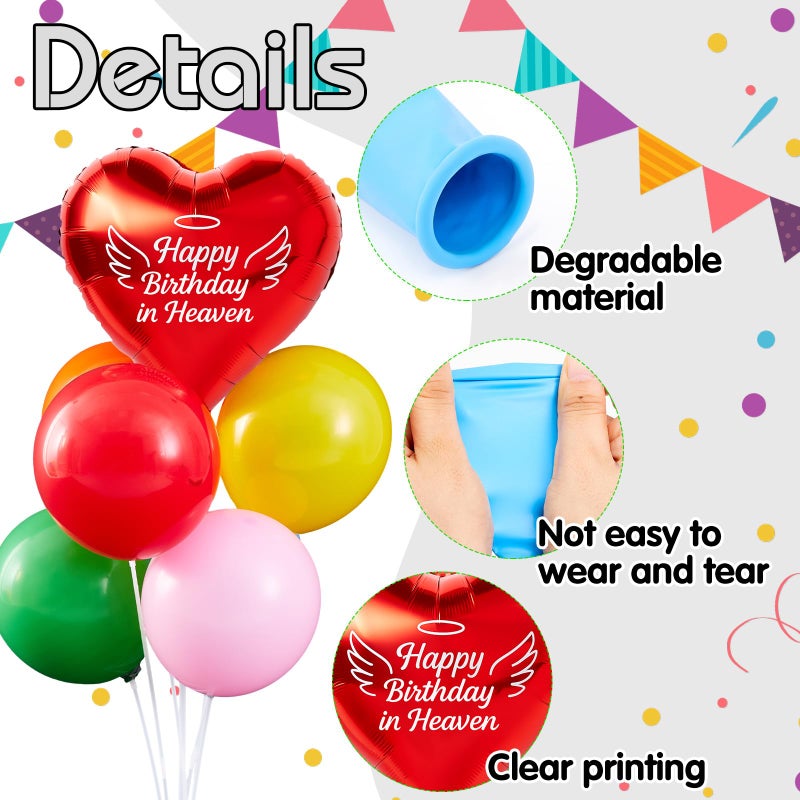 LaRandom 2 Sets Happy Birthday in Heaven Decoration Kit Include 2 Pcs Heart-shaped Balloon and Stands, 12 Pcs Latex Balloons, for Cemetery Memory Life Funeral Condolence Anniversary Decor(Multicolor) - Image 3