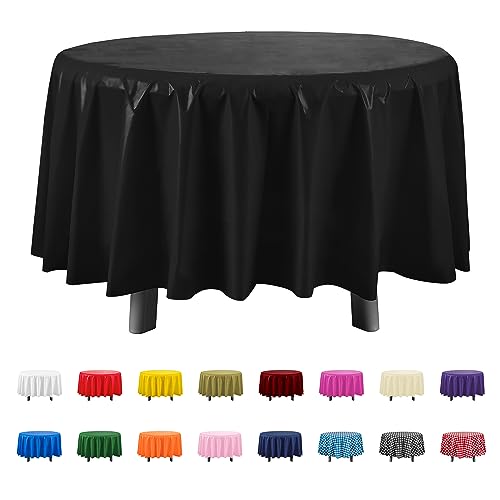 Eleclassi Black 12 Pack Premium Round Disposable Plastic Tablecloth  84 Inch Round Plastic Table Cloths for Parties