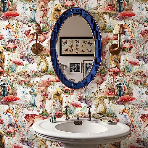 Simon&Siff Peel and Stick Wallpaper Mushroom Boho Removable Wallpaper 118" x 17.3" Renter Friendly Forest Animal Self Adhesive Wall Décor Woodland Contact Paper for Bedroom Bathroom White/Brown/Red - Image 3