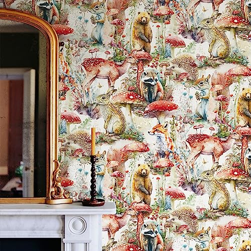 Simon&Siff Peel and Stick Wallpaper Mushroom Boho Removable Wallpaper 118" x 17.3" Renter Friendly Forest Animal Self Adhesive Wall Décor Woodland Contact Paper for Bedroom Bathroom White/Brown/Red - Image 2