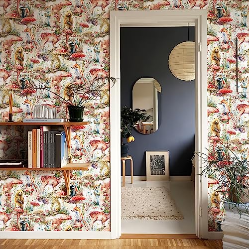 Simon&Siff Peel and Stick Wallpaper Mushroom Boho Removable Wallpaper 118" x 17.3" Renter Friendly Forest Animal Self Adhesive Wall Décor Woodland Contact Paper for Bedroom Bathroom White/Brown/Red - Image 4