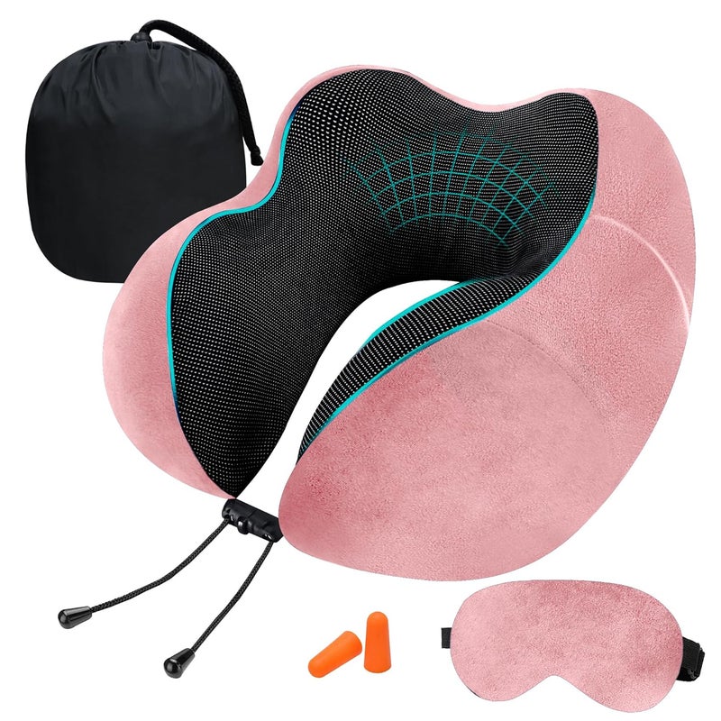 GREELI Premium Memory Foam Luxury Travel Neck Rest Pillow with Super Soft Removable Cover, Multipurpose Comfortable Travel Pillow for Men and Women (Pink Combo) - Image 1