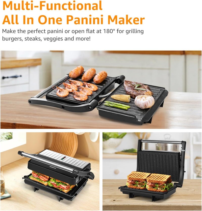 Aigostar Panini Press Grill, 1000W Sandwich Maker with Ceramic Non-stick Plates, Opens 180 Degrees for Any Size Food, 3-in-1 Sandwich Press Electric Grill, Drip Spout & Locking Lid, Sliver - Image 3