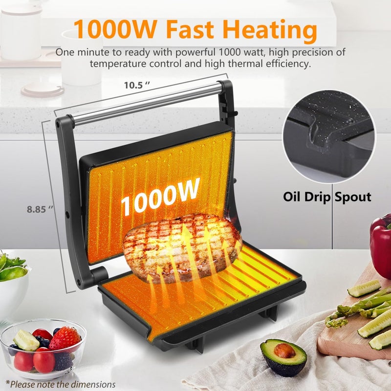 Aigostar Panini Press Grill, 1000W Sandwich Maker with Ceramic Non-stick Plates, Opens 180 Degrees for Any Size Food, 3-in-1 Sandwich Press Electric Grill, Drip Spout & Locking Lid, Sliver - Image 2