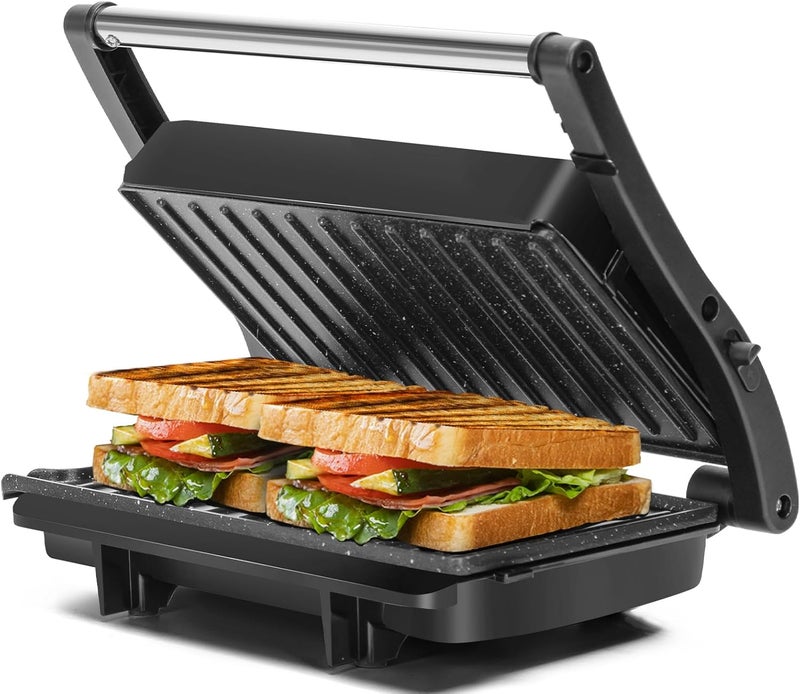 Aigostar Panini Press Grill, 1000W Sandwich Maker with Ceramic Non-stick Plates, Opens 180 Degrees for Any Size Food, 3-in-1 Sandwich Press Electric Grill, Drip Spout & Locking Lid, Sliver - Image 1