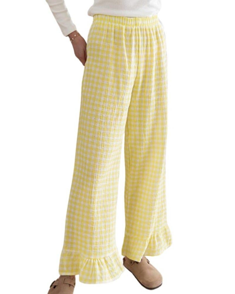 codcm Womens Gingham Pants Wide Leg Lounge Pants Y2k Plaid Print Ruffle Hem Loose Trouser(Yellow,Medium) - Image 1
