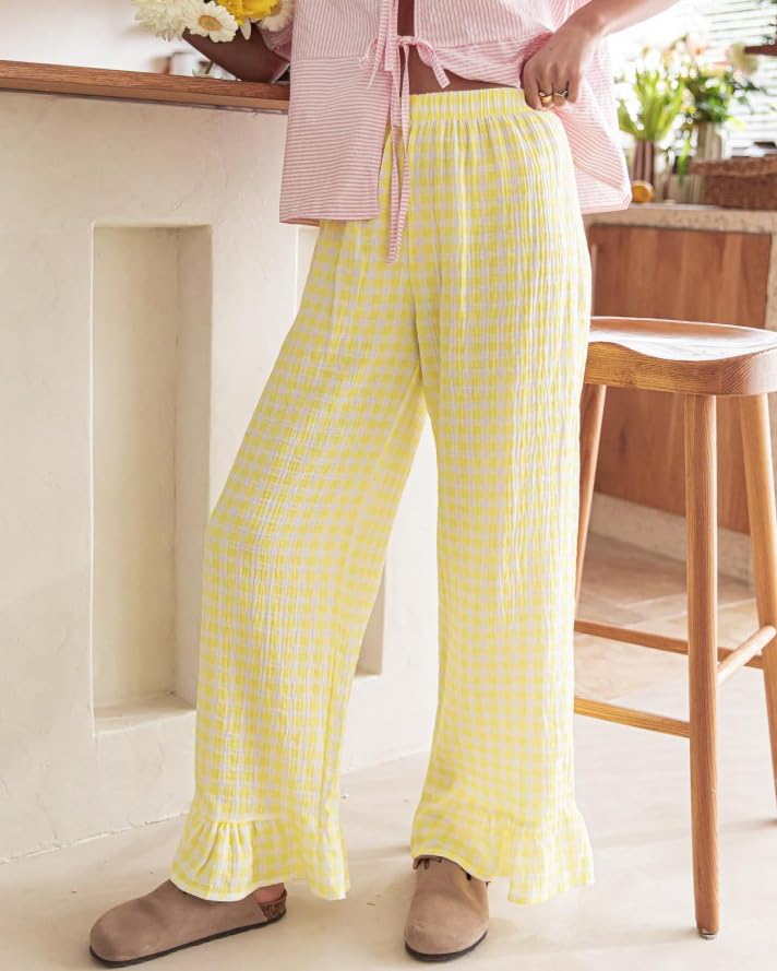 codcm Womens Gingham Pants Wide Leg Lounge Pants Y2k Plaid Print Ruffle Hem Loose Trouser(Yellow,Medium) - Image 3