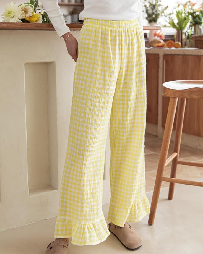 codcm Womens Gingham Pants Wide Leg Lounge Pants Y2k Plaid Print Ruffle Hem Loose Trouser(Yellow,Medium) - Image 2