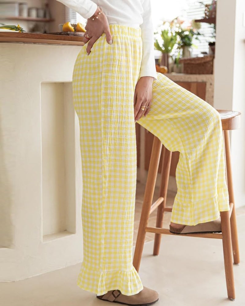 codcm Womens Gingham Pants Wide Leg Lounge Pants Y2k Plaid Print Ruffle Hem Loose Trouser(Yellow,Medium) - Image 4