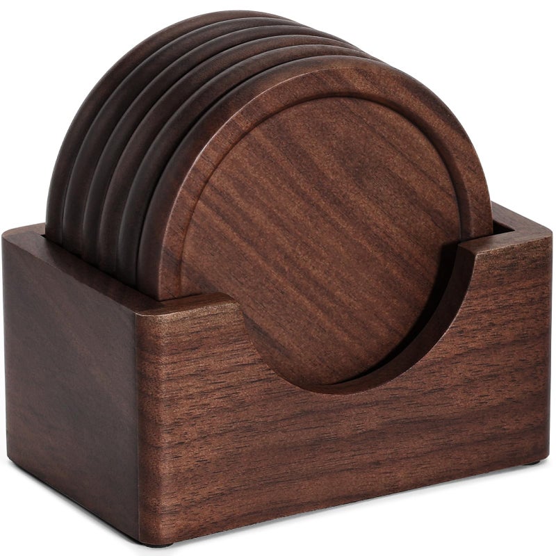 Wood Coasters with Holder GOH DODD Set of 6 Walnut Wooden Coaster Set for Drinks Desk Coffee Table Home Kitchen Office Bar Tabletop Protection Living Room Decor Fathers Day Gifts 37 Inch