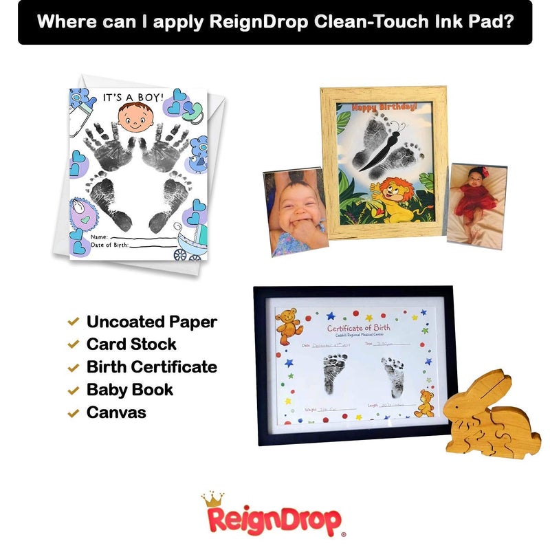 ReignDrop Inkless Large Clean Touch Ink Pad Kit for Baby Footprint, Handprint & Pet Paw Print - No Ink Mess, Clear Print, Smudge Resistant, Long Lasting, Baby Safe, Includes 2 Cardstock(Clean-Touch - Black) - Image 4