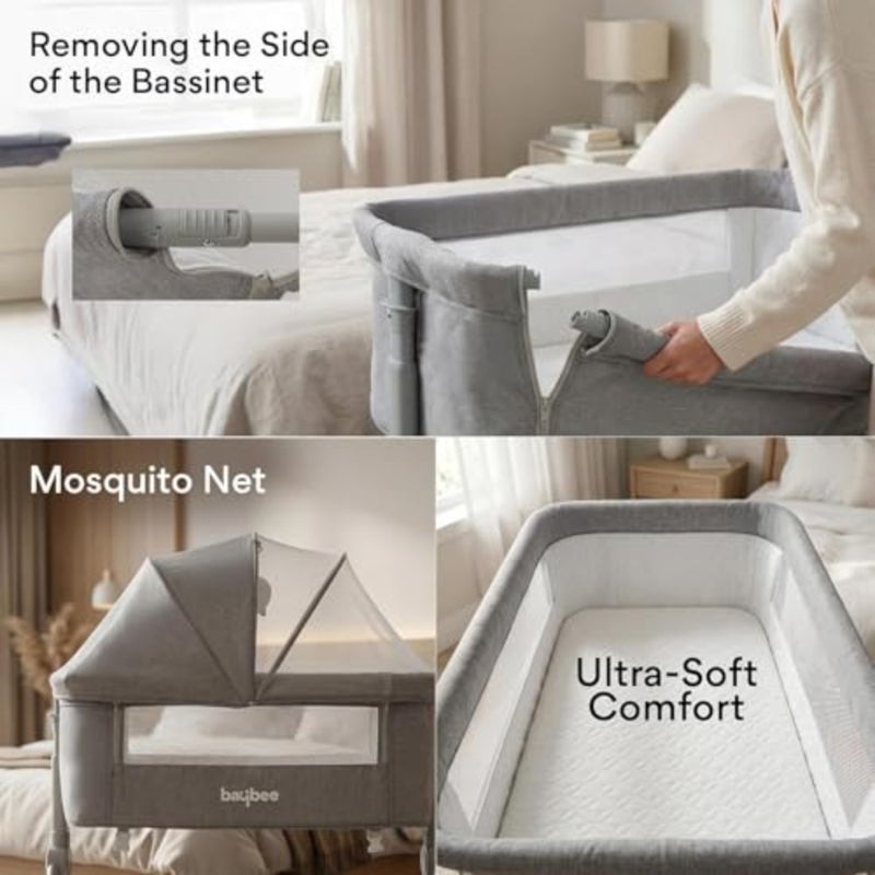 Bedside sleeper for newborns and infants, made of breathable polyester and sturdy steel frame, grey color, features 4-height adjustment, rocking mode, mosquito net, storage basket, and smooth-rolling wheels - Image 2