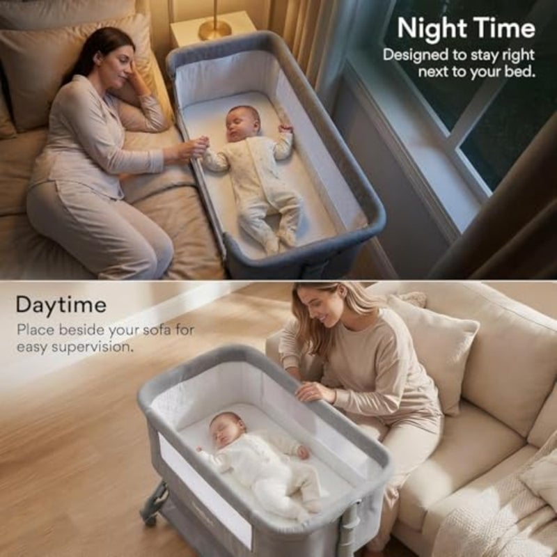 Bedside sleeper for newborns and infants, made of breathable polyester and sturdy steel frame, grey color, features 4-height adjustment, rocking mode, mosquito net, storage basket, and smooth-rolling wheels - Image 3