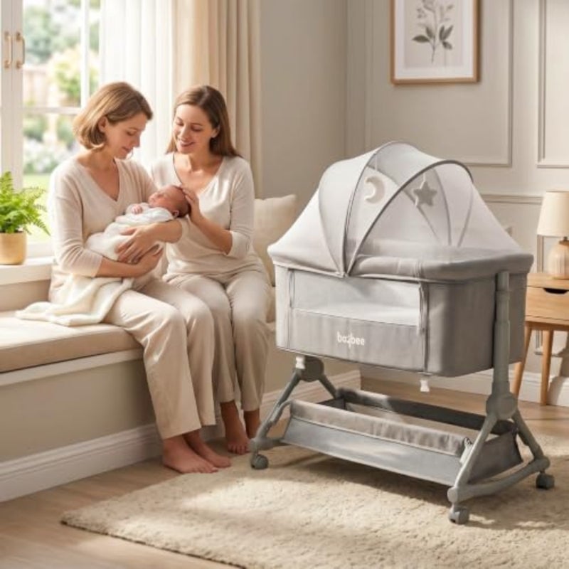 Bedside sleeper for newborns and infants, made of breathable polyester and sturdy steel frame, grey color, features 4-height adjustment, rocking mode, mosquito net, storage basket, and smooth-rolling wheels - Image 1