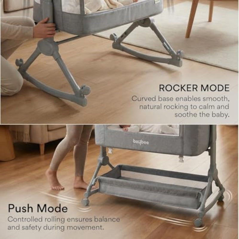 Bedside sleeper for newborns and infants, made of breathable polyester and sturdy steel frame, grey color, features 4-height adjustment, rocking mode, mosquito net, storage basket, and smooth-rolling wheels - Image 4