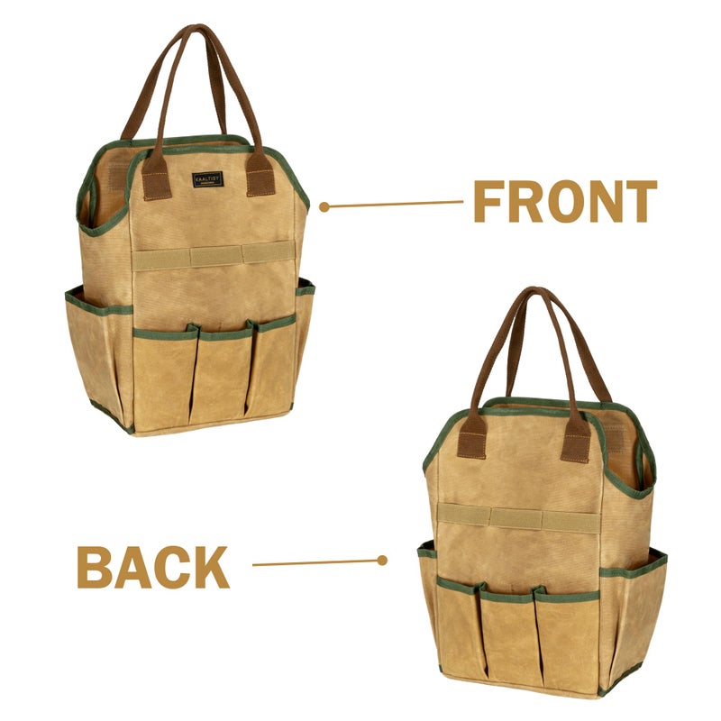 Kaaltisy Canvas Tool Bag, 16OZ Waxed Canvas Garden Tool Tote - with 3 Inner Slots & 8 Outer Pockets & Portable Handle, Gardening Tool Storage Bag for Gardener Florist Workshop - Khaki - Image 5