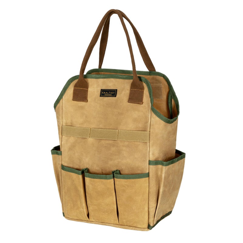 Kaaltisy Canvas Tool Bag, 16OZ Waxed Canvas Garden Tool Tote - with 3 Inner Slots & 8 Outer Pockets & Portable Handle, Gardening Tool Storage Bag for Gardener Florist Workshop - Khaki - Image 1