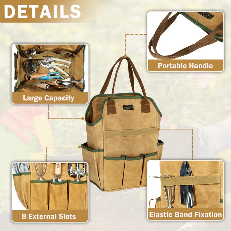 Kaaltisy Canvas Tool Bag, 16OZ Waxed Canvas Garden Tool Tote - with 3 Inner Slots & 8 Outer Pockets & Portable Handle, Gardening Tool Storage Bag for Gardener Florist Workshop - Khaki - Image 4