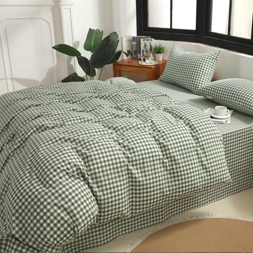 MorroMorn Green Gingham Duvet Cover Set 100% Washed Cotton Linen Like Soft, 3-Pieces Bedding Sets Comforter Cover & 2 Pillowcases - Breathable Durable Comfy Vintage Checkered Plaid (Twin 68"x90") - Image 1