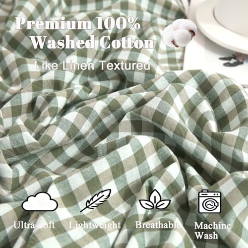 MorroMorn Green Gingham Duvet Cover Set 100% Washed Cotton Linen Like Soft, 3-Pieces Bedding Sets Comforter Cover & 2 Pillowcases - Breathable Durable Comfy Vintage Checkered Plaid (Twin 68"x90") - Image 3