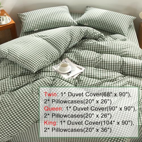 MorroMorn Green Gingham Duvet Cover Set 100% Washed Cotton Linen Like Soft, 3-Pieces Bedding Sets Comforter Cover & 2 Pillowcases - Breathable Durable Comfy Vintage Checkered Plaid (Twin 68"x90") - Image 4