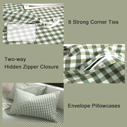 MorroMorn Green Gingham Duvet Cover Set 100% Washed Cotton Linen Like Soft, 3-Pieces Bedding Sets Comforter Cover & 2 Pillowcases - Breathable Durable Comfy Vintage Checkered Plaid (Twin 68"x90") - Image 5