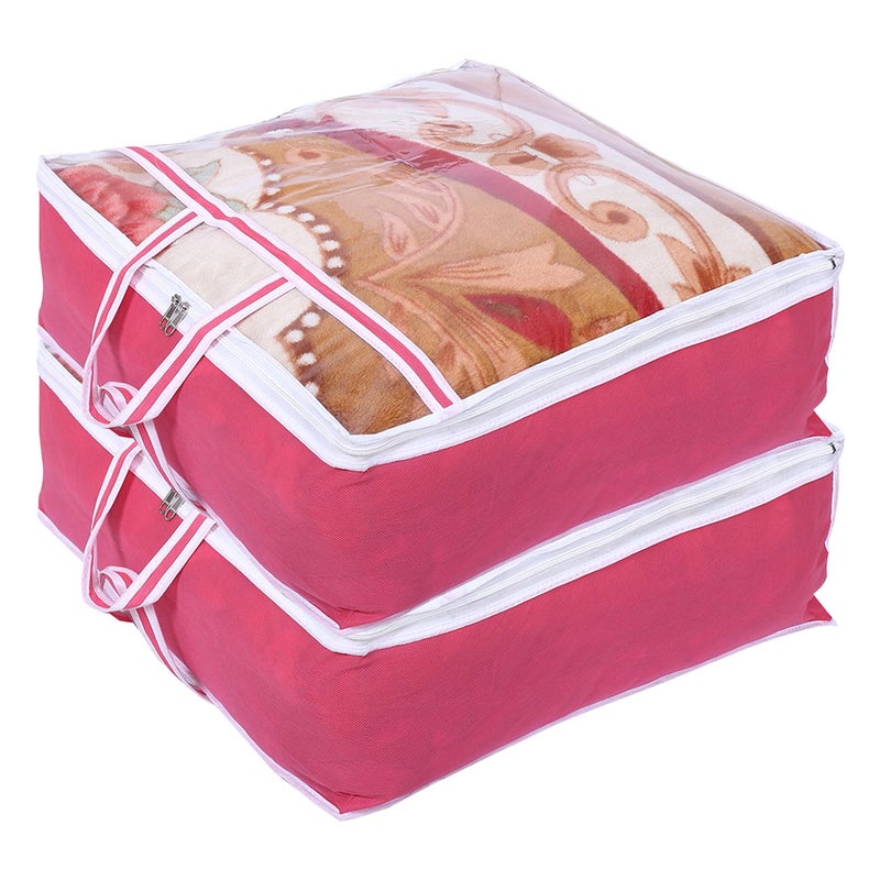 Kuber Industries Blanket Cover NonWoven Blanket Cover Zipper Storage Bag for Blanket Wardrobe Organizer with Top Transparent Window Extra Large Pack of 2 Pink - Image 1