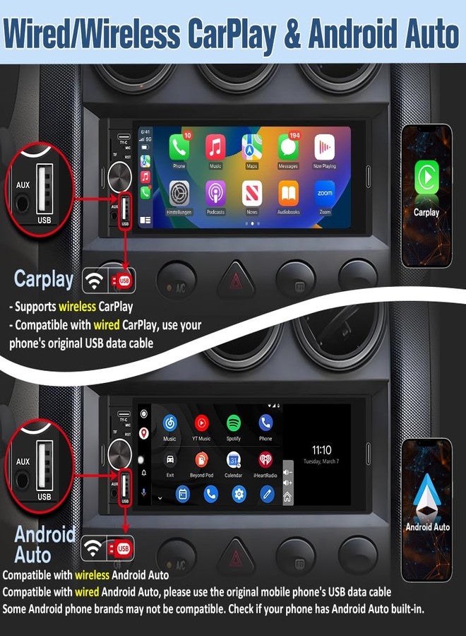 Pyniro Universal Single Din Car Stereo with Wireless CarPlay & Android Auto, 6.36 Inch IPS Touch Screen Head Unit with Backup Camera/External Microphone, Car Radio Supports Bluetooth/SWC/FM/USB/TF - Image 3